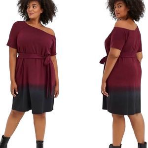 Torrid NWT French Terry Off-Shoulder Tee Shirt Dress Black & Burgundy Tie Dye 2X